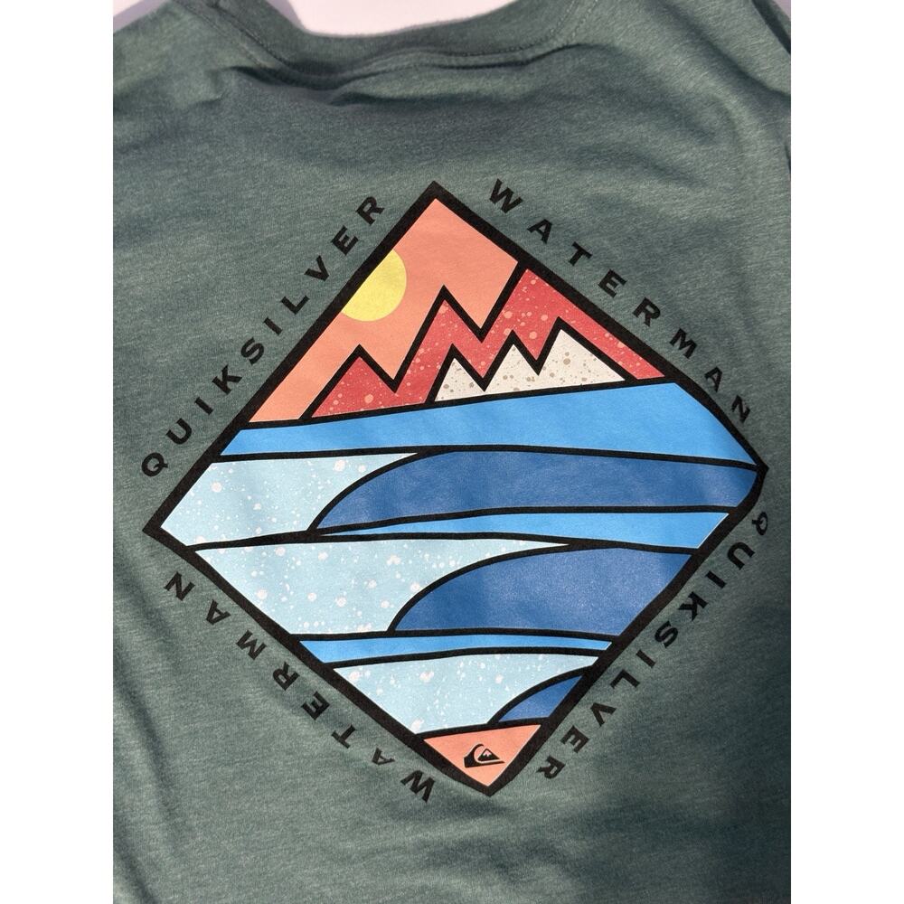 Quiksilver Waterman Mens XL Green Graphic T Shirt Surf Outdoor Logo Back Print